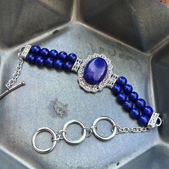 NIB Lapis Lazuli Stone Double Strand Bracelet, Silver - Picture 6 of 8
